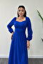 Cobalt Blue Midi Dress - Crepe Fabric, Heart Collar - 4
