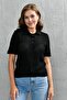 Black Knit Fabric Cable Knit Design Buttoned Shirt Collar Short Sleeved Basic Blouse 23070 - 7