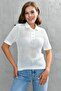 White Knit Fabric Cable Knit Design Buttoned Shirt Collar Short Sleeved Basic Blouse 23070 - 5