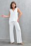 Sleeveless Buttoned Vest and High Waist Wide Leg Trousers Ecru Knitwear Set 103 - 7