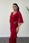 Glitter Fabric Chiffon Shawl Detailed Evening Dress - Red - 4