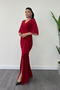 Glitter Fabric Chiffon Shawl Detailed Evening Dress - Red