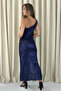Women's Shoulder Accessory Flared Slit Shiny Fabric Evening Dress Graduation Navy Blue Wedding Dress - 4