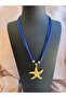 Sax Blue Suede Leather Custom Design Necklace with Multiple Gold Plated Sea Star Figures - 2