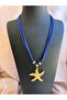 Sax Blue Suede Leather Custom Design Necklace with Multiple Gold Plated Sea Star Figures