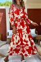 Women's Red Elastic Waist Belted Off-Shoulder Long Dress Bst-3628Red