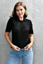 Black Knit Fabric Cable Knit Design Buttoned Shirt Collar Short Sleeved Basic Blouse 23070 - 6