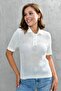 White Knit Fabric Cable Knit Design Buttoned Shirt Collar Short Sleeved Basic Blouse 23070 - 4