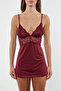 Bordo Dantelli ve Yırtmaçlı İp Askılı Örme Babydoll/Fantezi Gecelik THMAW23CY00002 - 3