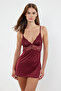 Bordo Dantelli ve Yırtmaçlı İp Askılı Örme Babydoll/Fantezi Gecelik THMAW23CY00002