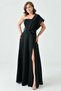 Black scuba fabric one shoulder and slit design belted maxi evening dress 582754