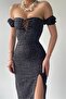 Black Polka Dot Fabric Tied Strapless Neck Slit Design Midi Dress 244 - 4