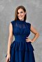 Navy Blue Chiffon Fabric Stand Collar Skirt Layered Design Sleeveless Mini Dress 093 - 2