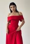 Red Atlas Fabric Madonna Collar Detail Red Flared Midi Dress 222 - 7