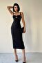 Black Atlas Fabric Stone Detailed Design Degaje Collar Low-cut Strap Midi Evening Dress 187 - 3