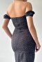 Black Polka Dot Fabric Tied Strapless Neck Slit Design Midi Dress 244 - 3