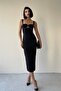 Black Atlas Fabric Stone Detailed Design Degaje Collar Low-cut Strap Midi Evening Dress 187