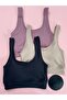 Women's 3-Piece Twill Fabric Thick Strap Blouse with Removable Pads - Half Tank Top (Black-Stone Grey-Purple)