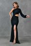 Stretchy Crepe Fabric One Sleeve Slit and Low-Cut Design Black Maxi Dress 582286 - 8