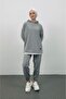 Text Hooded Basic Oversize Gray Bottom Top Tracksuit Set - 3