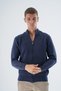 Men's Navy Blue Stand Collar Zippered Flat Pocket Wool Knitwear Knitted Cardigan Trist-5335
