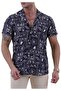 Navy Blue with White Printed Design Hawaiian Relaxed Fit Short Sleeve Summer Shirt
