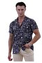 Navy Blue with White Printed Design Hawaiian Relaxed Fit Short Sleeve Summer Shirt - 8