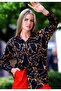Oversize Comfortable Woven Women's Viscose Long Shirt Tunic with Gold Brown Pattern on Black - 7