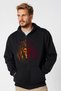 Unisex black zip-up cardigan hooded sweatshirt jacket with yellow and red lion print