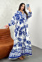 Women's White Navy Blue Buttoned Collar Patterned Balloon Sleeve Long Dress - 2