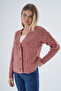 Women's Dusty Rose Oversize V-Neck Hair Braided Openwork Buttoned Wool Blend Knitwear Knitted Long Cardigan - 6