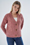Women's Dusty Rose Oversize V-Neck Hair Braided Openwork Buttoned Wool Blend Knitwear Knitted Long Cardigan - 3
