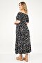 Large Size Women's Long Dress with Elastic Collar and Frilly Hem and Zebra Pattern - Black - 3
