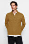 Camel Unisex Slim Fit Wool Half Fisherman Buttoned Knitwear Sweater Tmnaw22Kz0327
