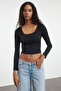 Black Square Neck Lace Detailed Crop/Short Knitted Blouse Twoaw25Bz00007 - 3