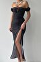 Black Polka Dot Fabric Tied Strapless Neck Slit Design Midi Dress 244 - 5