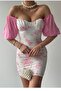 White Floral Patterned Fabric Strapless Collar Tulle Detail Princess Sleeve Mini Dress 243