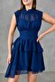 Navy Blue Chiffon Fabric Stand Collar Skirt Layered Design Sleeveless Mini Dress 093 - 5