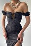 Black Polka Dot Fabric Tied Strapless Neck Slit Design Midi Dress 244 - 2