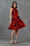 Round Neck Elastic Waist Belt Detail Flared Cutout Stripe Red Summer Dress 2041 - 6