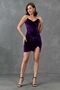 Women's velvet fabric stone strap cross collar slit detailed purple mini dress 582691 - 7