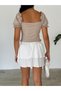 Women's beige smocked front and waist madonna neckline balloon sleeve crop blouse - 3