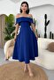 Madonna Collar Saks Blue Midi Atlas Evening Dress - Design 222 - 8