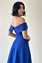 Madonna Collar Saks Blue Midi Atlas Evening Dress - Design 222 - 3