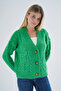 Women's Green Oversize V-Neck Hair Braided Openwork Buttoned Wool Blend Knitwear Knitted Long Cardigan - 2