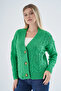 Women's Green Oversize V-Neck Hair Braided Openwork Buttoned Wool Blend Knitwear Knitted Long Cardigan - 4