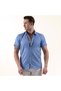 Oxford Cotton Slim Fit Short Sleeve Summer Shirt with Blue Collar and Polka Dot Detail on the Chest - 2