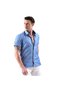 Oxford Cotton Slim Fit Short Sleeve Summer Shirt with Blue Collar and Polka Dot Detail on the Chest