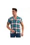 Turquoise Navy Blue Gray Plaid Cotton Breathable Slim Fit Men's Shirt
