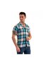 Turquoise Navy Blue Gray Plaid Cotton Breathable Slim Fit Men's Shirt - 2